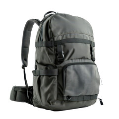 Naklejka premium Gray backpack with multiple compartments isolated against a clean white background for versatile travel needs, Gray backpack isolated on white background