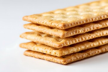 Crispy, golden crackers are meticulously arranged on smooth white background with warm soft lighting.