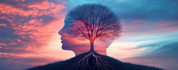 A surreal image blending a tree with a human profile silhouette, depicting connection between nature and mind against a vibrant sunset sky.