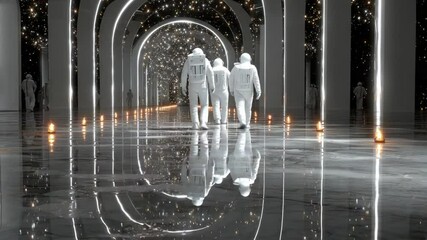 Dreamlike journey: Astronauts explore a futuristic corridor with ethereal reflections
