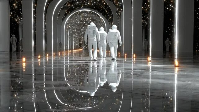 Dreamlike journey: Astronauts explore a futuristic corridor with ethereal reflections