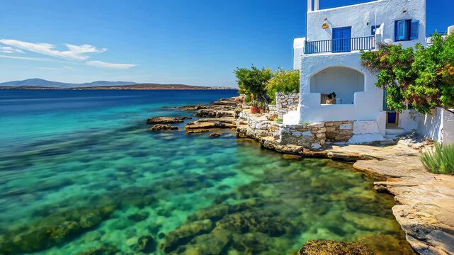 Stunning coastal view of the Greek island Paros with crystal clear waters and charming white architecture, Sea coast of greek island Paros in Mediterranean sea of Aegea, Greece