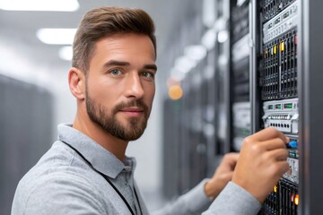 It technician installing cable into server rack in data center