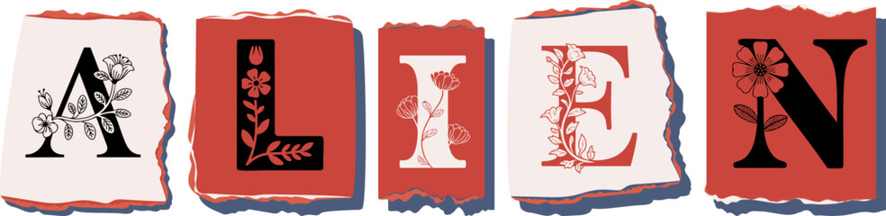 ALIEN Floral Typography of a Concept Word � Elegant Torn Paper Letter Design