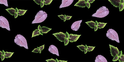 Seamless Purple and Green Leaves Pattern on Black Background