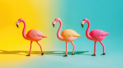 Obraz premium Flamingo toys in motion, vibrant colors, simple yet creative design, evoking joy and playfulness.