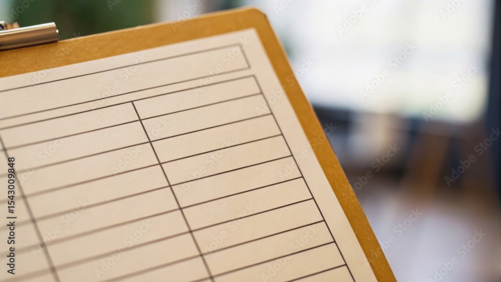 Poster clipboard with blank form lines in a soft-focus background, suggesting a workspace or organizational