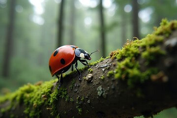 Ladybug resting on green grass or leaf in a close-up nature view