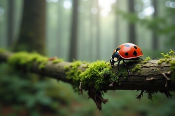 Ladybug resting on green grass or leaf in a close-up nature view