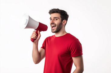 Young Handsome Indian Man with Megaphone – Sales Promotion & Advertising Concept, High-Resolution Studio Stock Photo with White Background & Copy Space