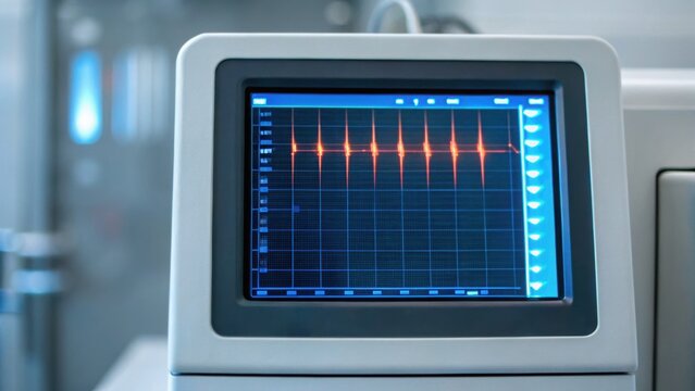 High-tech monitor displaying data with graphs and signals in a modern setting.