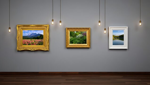 Three framed landscape photographs hang on a gray wall illuminated by hanging light bulbs in a modern gallery setting - Powered by Adobe