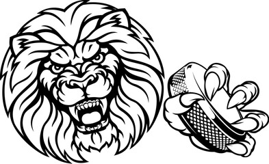 A lion ice hockey player cartoon sports mascot holding a hockey puck