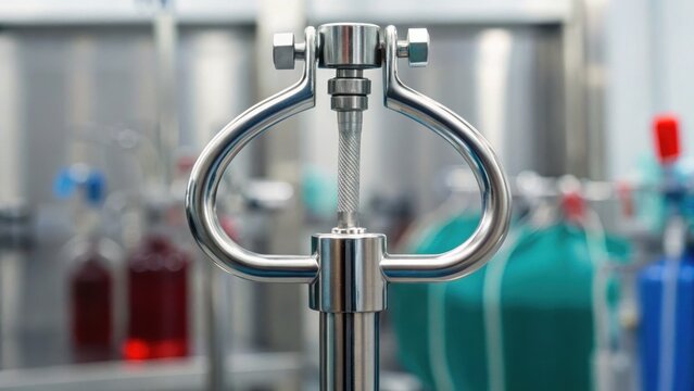 Metal valve handle in a laboratory setting with colored liquid containers blurred in the background.