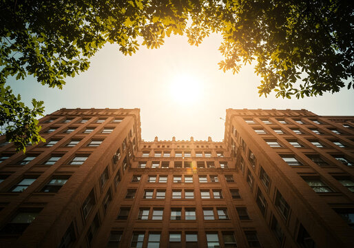 modern building with warm sunlight and leafy canopy
