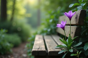 Flowers are placed on a wooden bench in a blooming garden setting