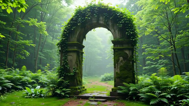 A moss-covered stone arch stands alone in a lush