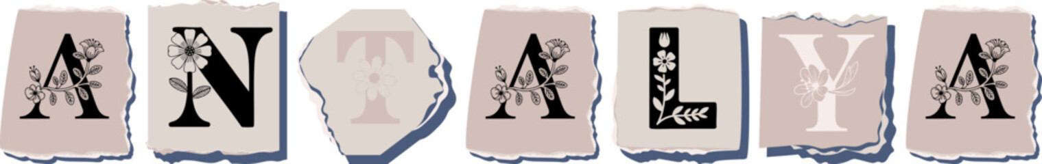 ANTALYA Floral Typography of a Travel Destination � Elegant Torn Paper Letter Design