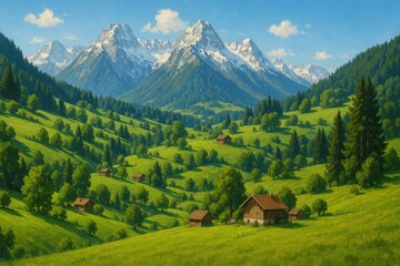 Breathtaking Alpine Landscape Featuring Rolling Green Hills, Small Wooden Cabins, and Majestic Snow-Capped Mountains Under a Clear Blue Sky