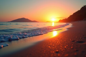 Sunset glowing over the calm beach and ocean with waves under colorful sky