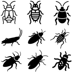 Collection of 9 Detailed Flying Insect Vector Icons in Black Silhouette Style — Editable Clipart for Science Projects, Nature Posters, Entomology Diagrams, and Graphic Design Resources
