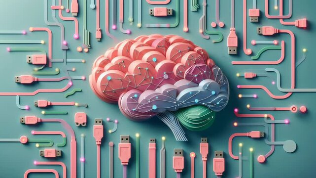 Brain illustration with USB connections and colorful circuitry design  