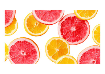 Bright citrus pattern with slices of grapefruit and lemon on transparent background, PNG