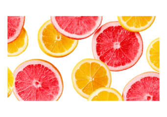 Bright citrus pattern with slices of grapefruit and lemon on transparent background, PNG