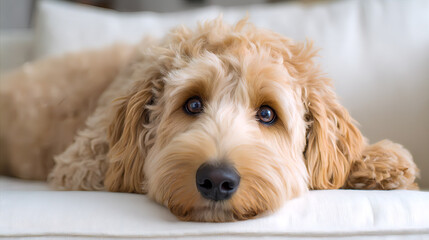 International Doodle Dog Day, a light brown doodle dog with sparkling eyes is relaxing on a white sofa. The dog looks like he wants to take a rest. AI generated images.