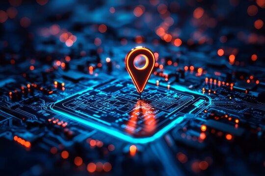 Innovative navigation concept illustrated through a glowing map pin on tech circuitry. 