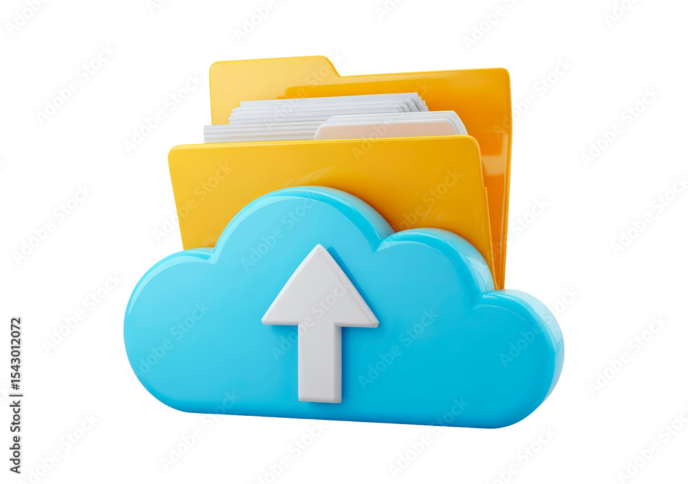 Poster cloud upload concept with yellow folder and documents for digital storage and backup on transparent 