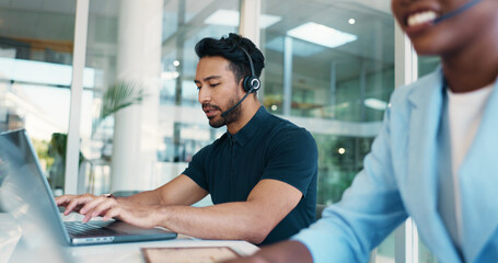 Finance, laptop or man in call center typing for chat, online help or business loan advice. Financial consultant, coworking or inbound agent in agency for insurance service, support or communication