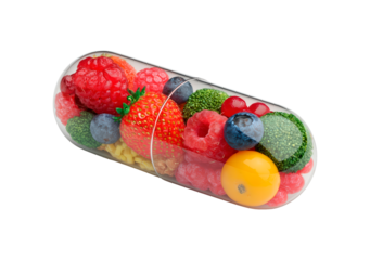 Concept of healthy nutrition with fruits and vegetables in capsule on transparent background, PNG