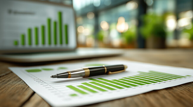 Modern office workspace showcases financial analytics documents with elegant pen placement nearby.