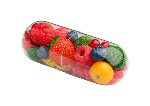 Concept of healthy nutrition with fruits and vegetables in capsule on transparent background, PNG