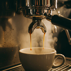 Hot espresso streams into a white ceramic cup from a professional coffee machine, with visible steam and rich crema forming. 