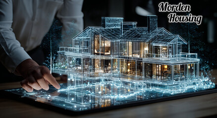 A real estate architect visualizes a smart house model on a futuristic digital interface, showcasing innovation, modern housing trends, and advanced property technology.