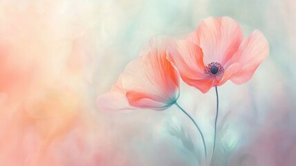 Soft watercolor flowers in soft tones and pastel colors evoke gentle beauty and tranquility.