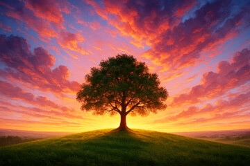 Obraz premium Sunset Colors Illuminates Lone Tree on Hill Against Vibrant Sky With Clouds in the Background