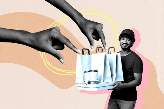 Trend artwork poster composite sketch image collage of young guy stand hold pizza box cup togo bag shopping post buy customer service