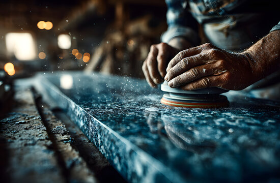 Stonemason polishes granite countertop with machine. Skilled worker grinds stone surface in workshop. Home improvement, construction, renovation, stone fabrication concept.