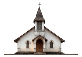 Vintage church facade with wooden steeple and arched windows on transparent background, PNG