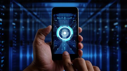 A hand holds a smartphone displaying a futuristic digital security interface against a server room background