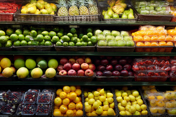 A fruit and vegetable display in a grocery store. The apples are in a basket on the left side of the display