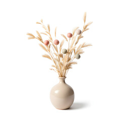 Elegant vase filled with dried grass and decorative pom-poms in soft pastel colors, creating a stylish and modern home decor centerpiece for interior design enthusiasts