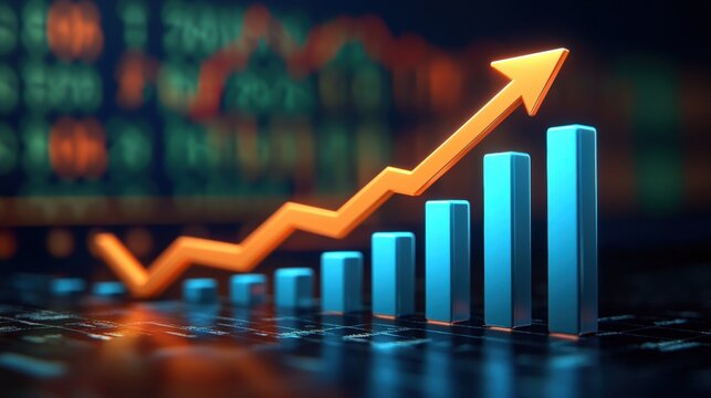 A 3D bar graph with increasing blue bars and an orange upward arrow representing financial growth and positive business trends.