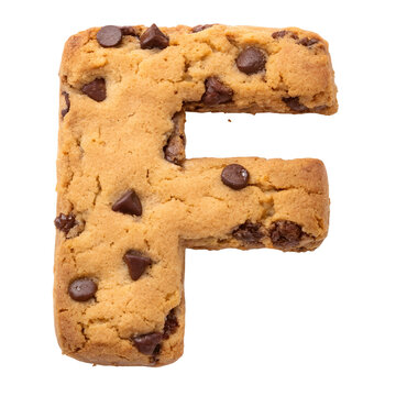 Uppercase letter F shaped chocolate chip cookie on white background