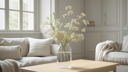 Light-filled living room with a vase of wildflowers.