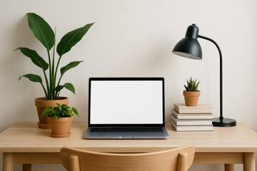 Modern Workspace Featuring Laptop, Potted Plants, and Sleek Lamp in a Cozy Home Office Environment