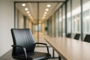Conference Room With a Sleek Black Chair Positioned at a Modern Table in a Well-Lit Office Space